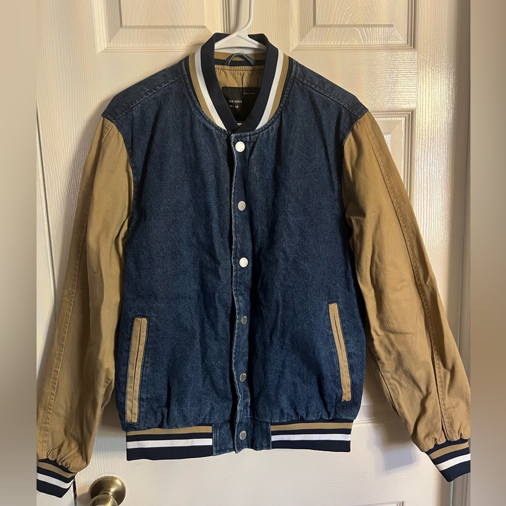 SOLD Zara Man Denim Baseball Letterman Varsity Jacket- M- Blue And Beige